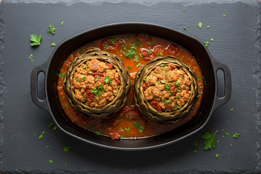Alcachofas rellenas de carne magra picada con tomate y hierbas – Cena fit anti-catabolismo – Kyos Sport