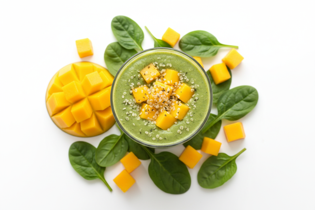 Batido verde de espinacas y mango con proteína — desayuno detox fitness Kyos Sport