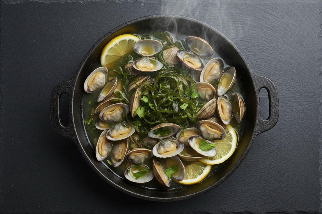 Berberechos al vapor con caldo de jengibre, limón y algas wakame – Cena fit detox quema grasa – Kyos Sport