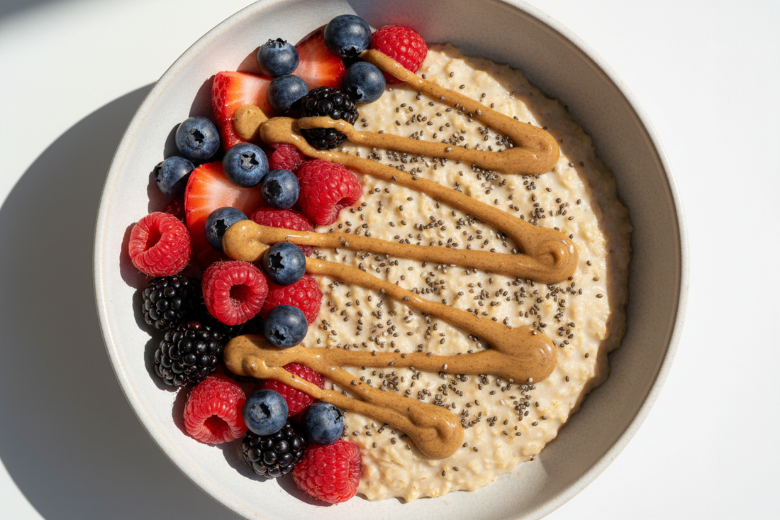 Bowl de avena proteica con frutos rojos, mantequilla de almendra y semillas de chía - Desayuno fitness Kyos Sport