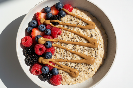 Bowl de avena proteica con frutos rojos, mantequilla de almendra y semillas de chía - Desayuno fitness Kyos Sport