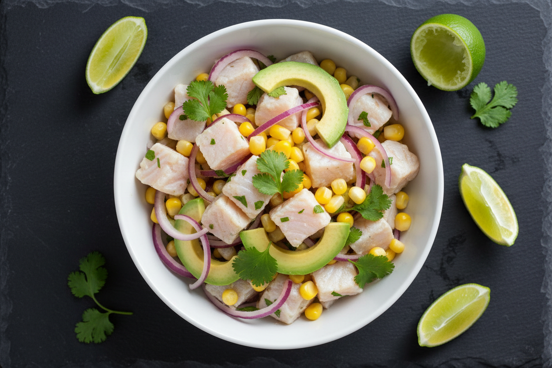 Ceviche de merluza con maíz andino, aguacate y ají amarillo – Comida fit quema grasa – Kyos Sport