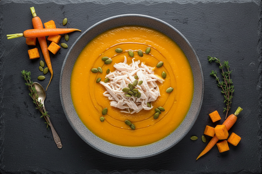 Crema de zanahoria y boniato con tropiezos de pollo asado y pipas de calabaza – Cena fit recuperación – Kyos Sport