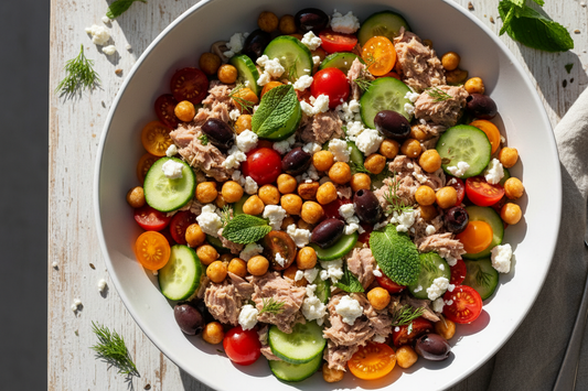 Ensalada griega de atún con garbanzos, feta y aceitunas — comida fitness Kyos Sport
