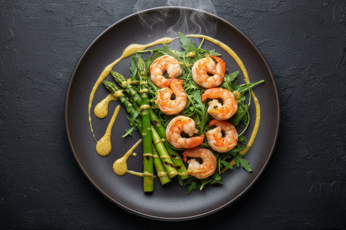 Ensalada tibia de gambas, espárragos trigueros y vinagreta de mostaza – Cena fit quema grasa – Kyos Sport
