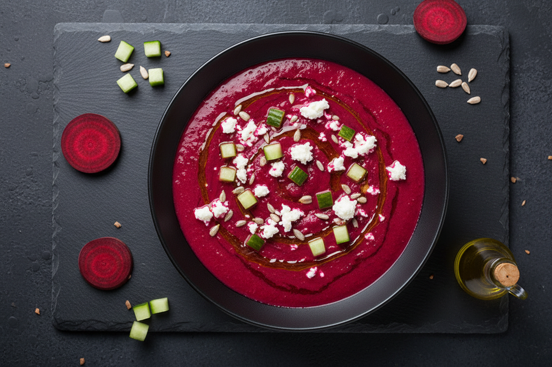 Gazpacho de remolacha con queso fresco, pepino y semillas de girasol – Cena fit quema grasa – Kyos Sport