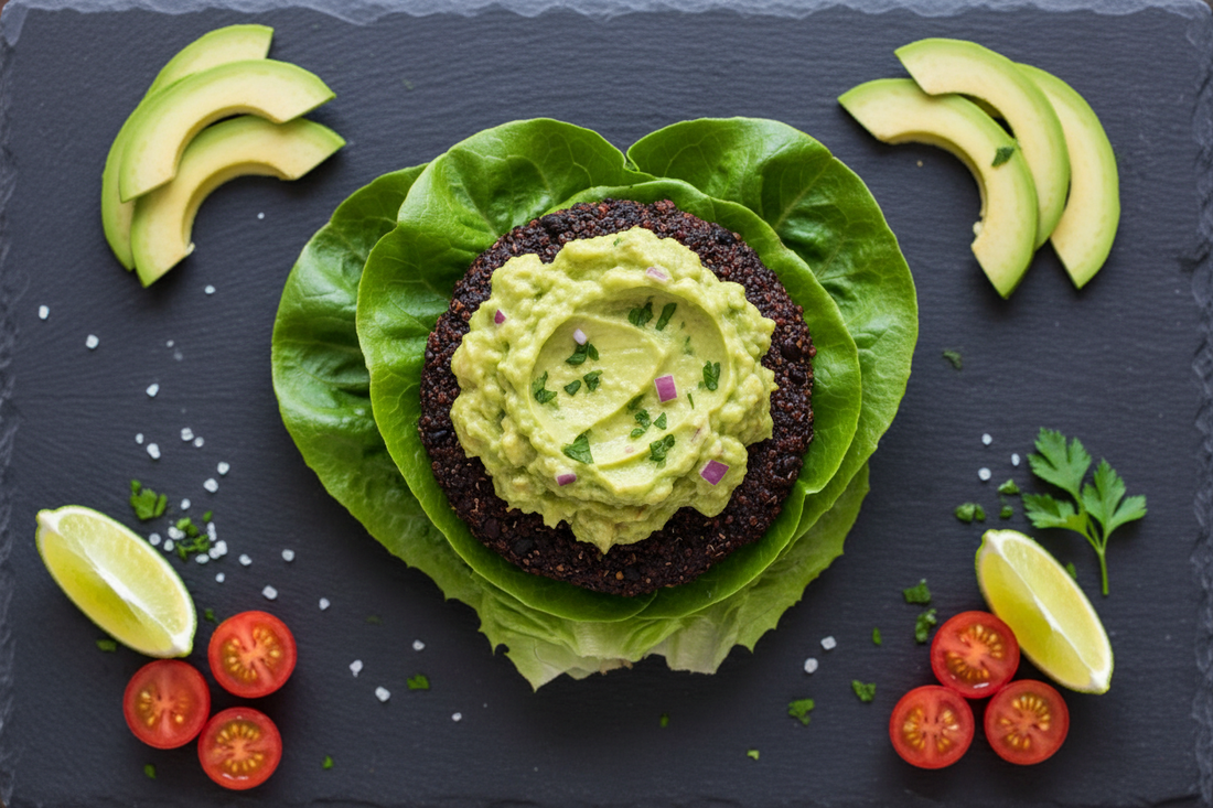 Hamburguesa de quinoa y alubias negras con guacamole y lechuga – Comida fit vegana – Kyos Sport