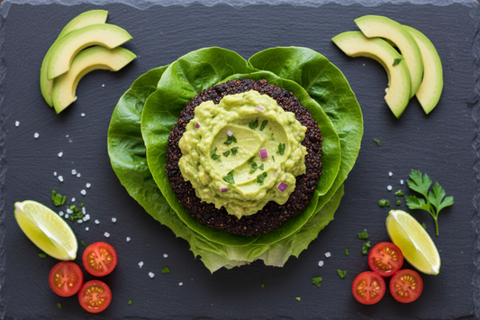 Hamburguesa de quinoa y alubias negras con guacamole y lechuga – Comida fit vegana – Kyos Sport