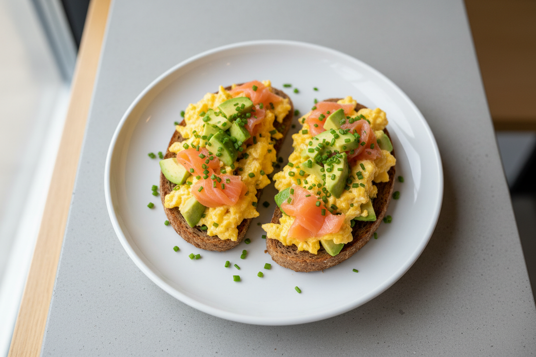 Huevos revueltos con salmón ahumado y aguacate sobre pan de centeno — desayuno de atleta Kyos Sport