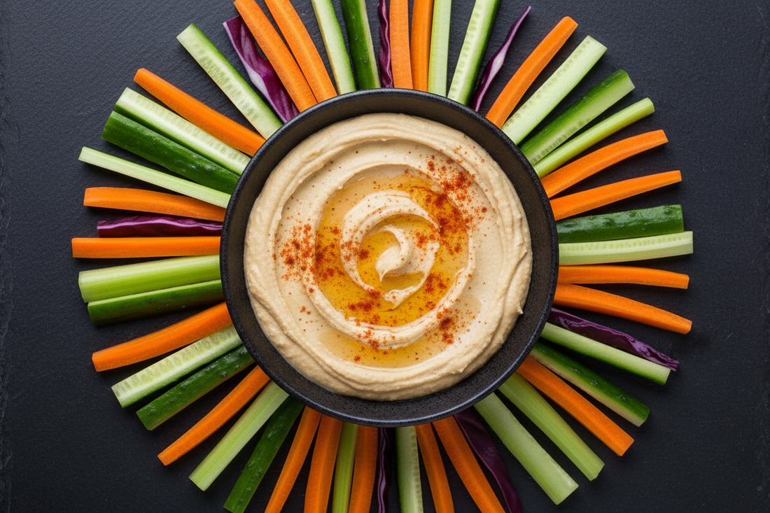 Hummus casero de garbanzos con bastones de zanahoria, pepino y apio – Snack fit pre-entreno – Kyos Sport