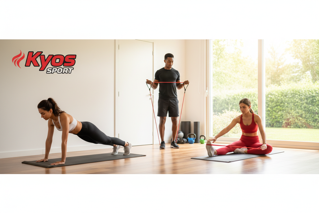 Personas entrenando en casa con equipamiento Kyos Sport - Home Gym Esencial