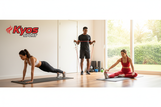 Personas entrenando en casa con equipamiento Kyos Sport - Home Gym Esencial