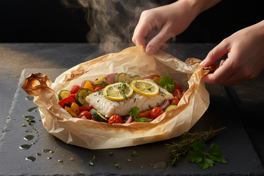 Merluza al papillote con verduras mediterráneas y limón — cena fitness Kyos Sport