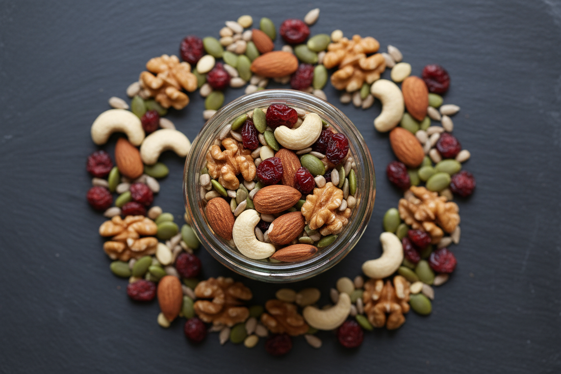 Mix de frutos secos, semillas y arándanos secos en tarro de cristal – Snack fit de bolsillo – Kyos Sport