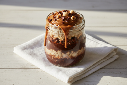 Overnight oats de cacao y avellana en tarro de cristal — desayuno fitness Kyos Sport