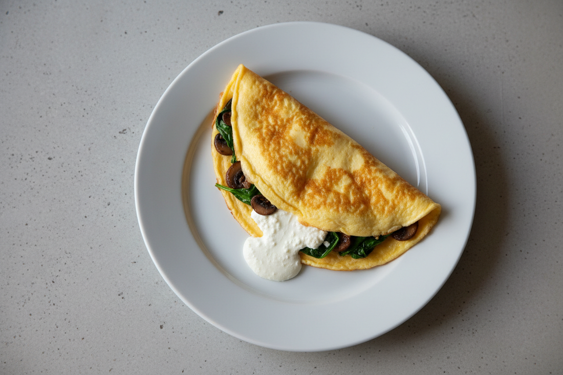 Tortilla de claras con espinacas, champiñones y queso cottage — cena fitness Kyos Sport