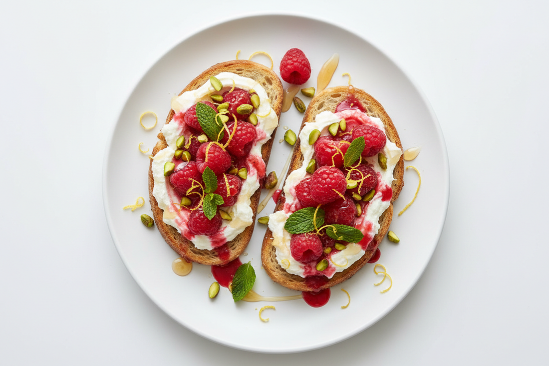 Tostadas de pan proteico con ricotta, frambuesas y pistachos – Desayuno fit masa muscular – Kyos Sport