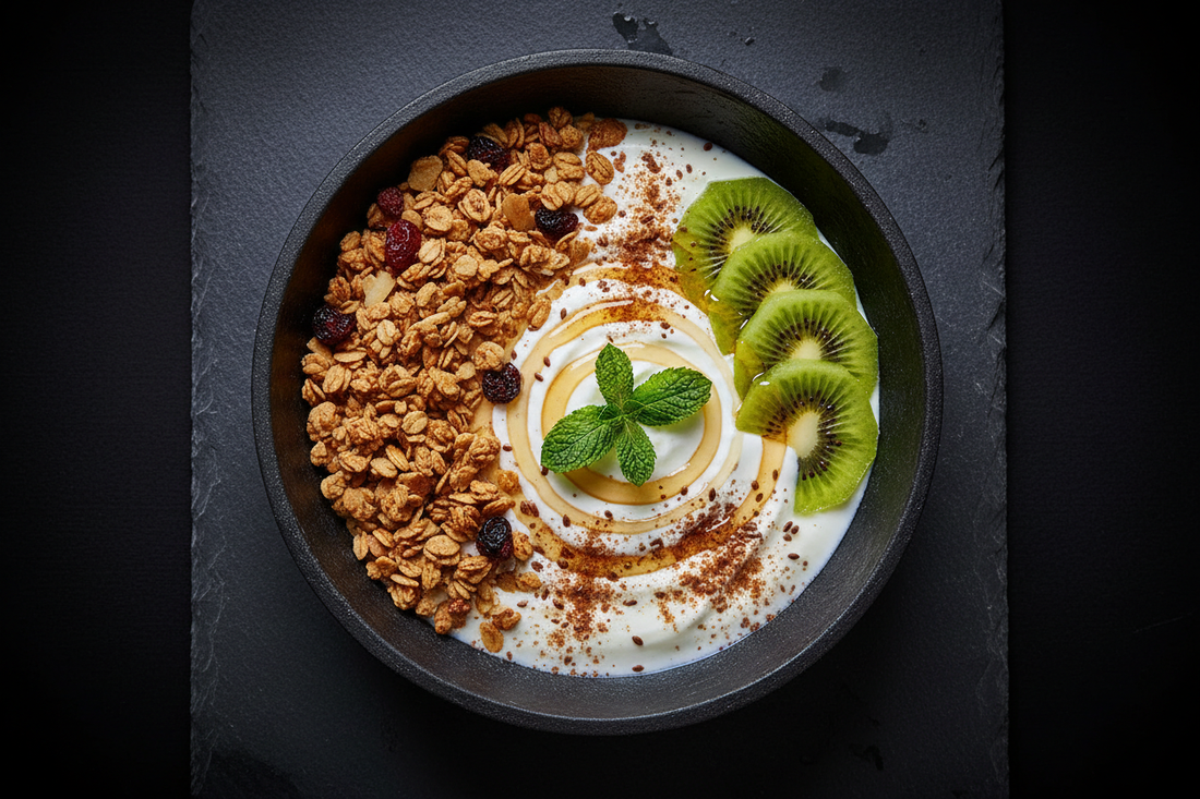 Yogur griego con granola sin azúcar, kiwi y semillas de lino en bowl de cerámica negra – Desayuno fit quema grasa – Kyos Sport