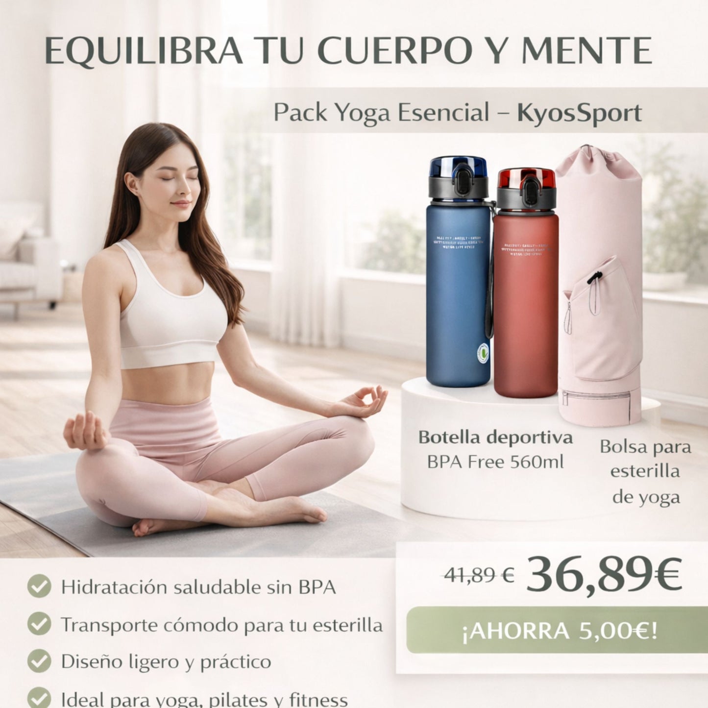 Pack Botella Deportiva 560 ml + Bolsa Esterilla Yoga – Ahorra 5€