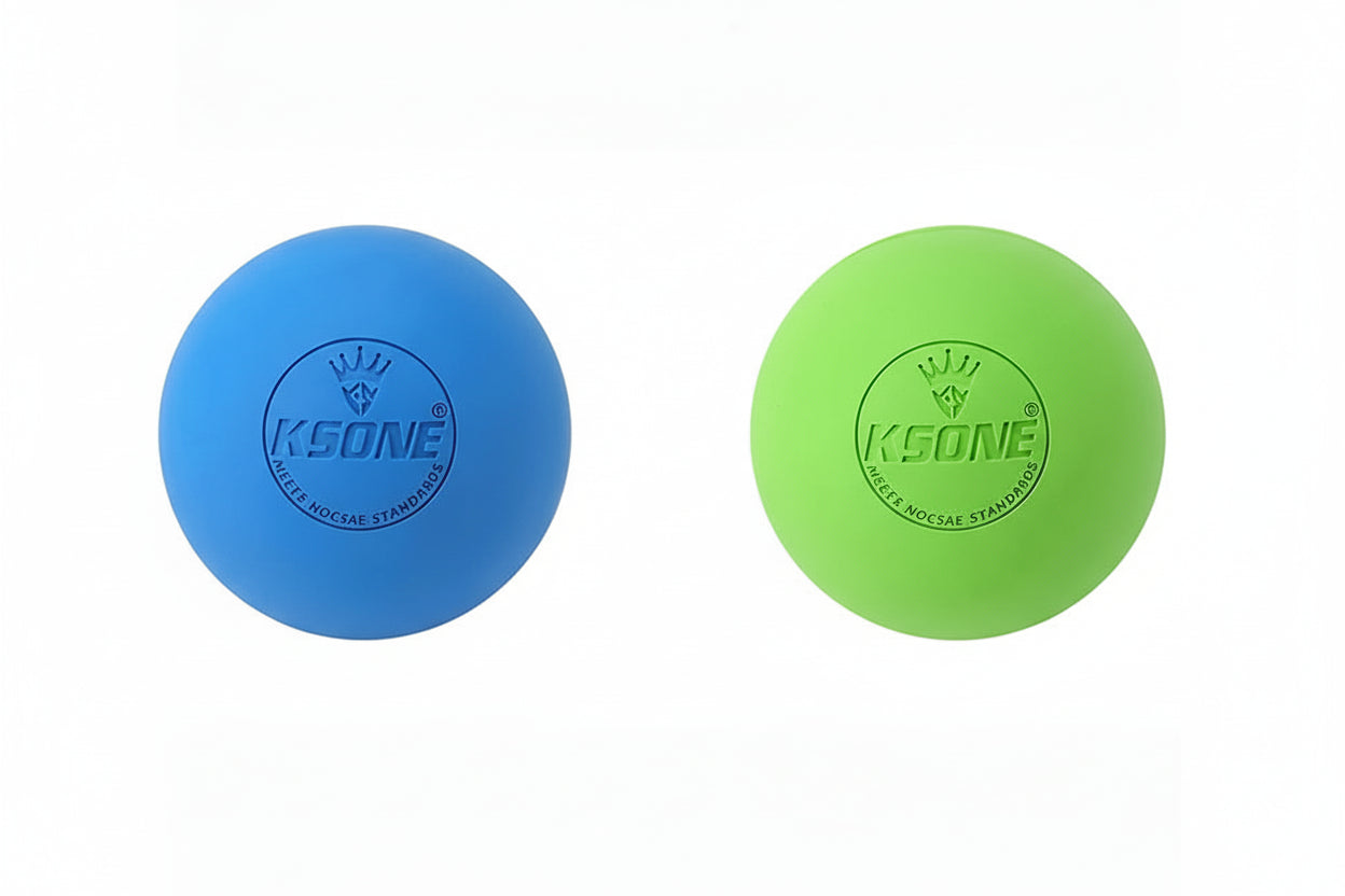 Pelota de masaje fascia goma Kyos Sport – azul y verde sobre fondo blanco