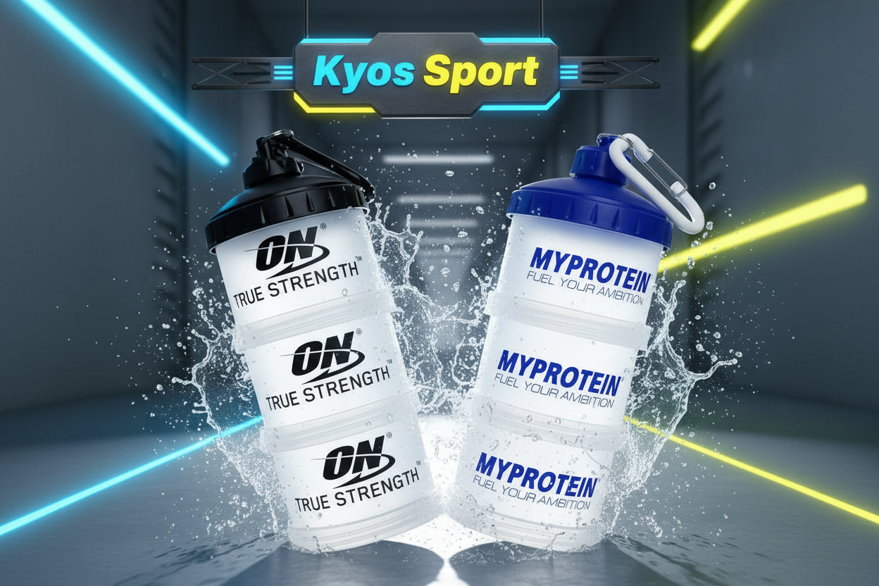 Caja proteína portátil con embudo integrado para gym y viaje – Kyos Sport