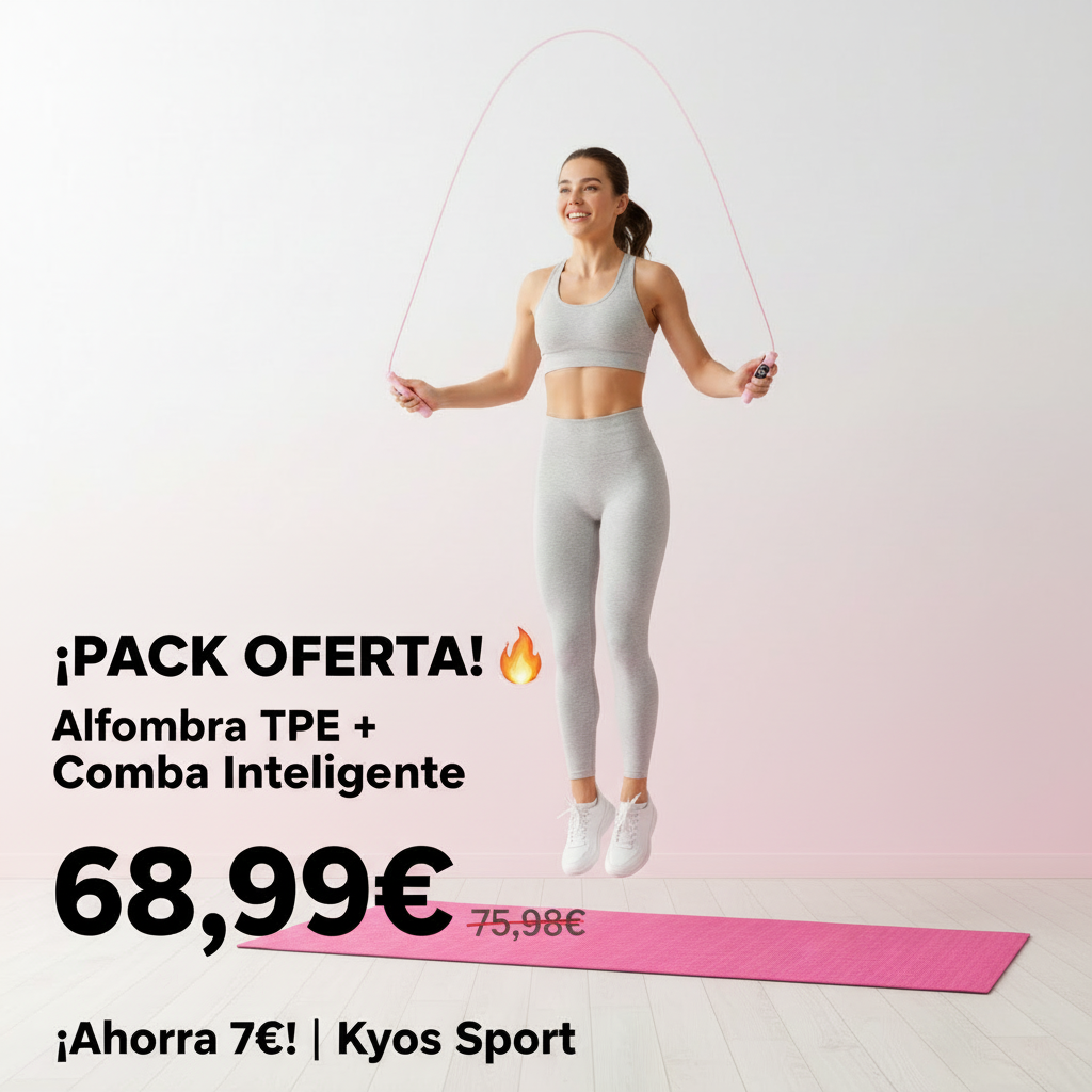 Chica saltando con comba inteligente sobre alfombra TPE rosa – Kyos Sport