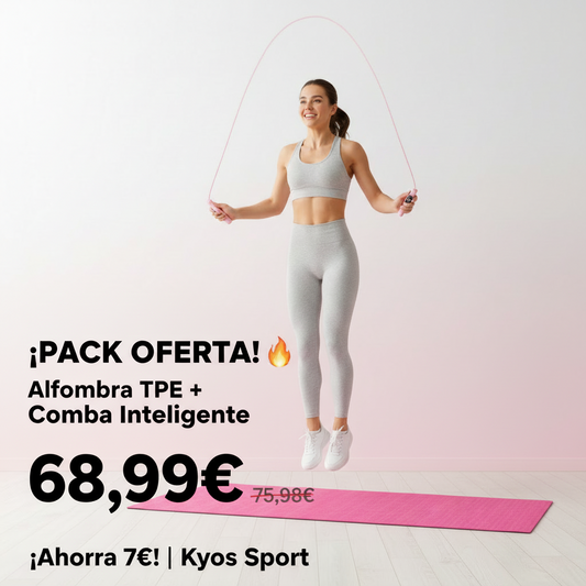 Chica saltando con comba inteligente sobre alfombra TPE rosa – Kyos Sport